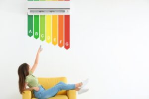 ductless AC with image of efficiency rating depicting energy efficient cooling system with high SEER rating